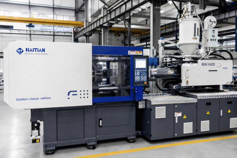 A large injection molding machine in a factory