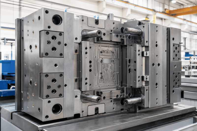 A diagram showing the basic components of an injection mold, including the cavity and core halves