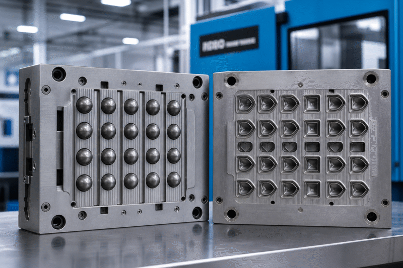 Shiny, perfectly formed chocolates being removed from a clear polycarbonate mold