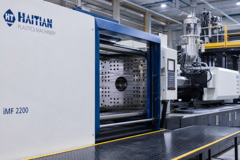 A very large injection molding machine with a robotic arm removing a large automotive part