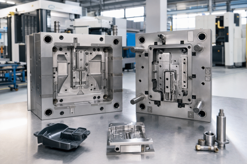 A 3D printed mold insert being fitted into a master mold base on an injection molding machine