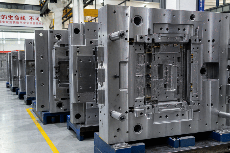 A large plastic car bumper being removed from a big injection mold