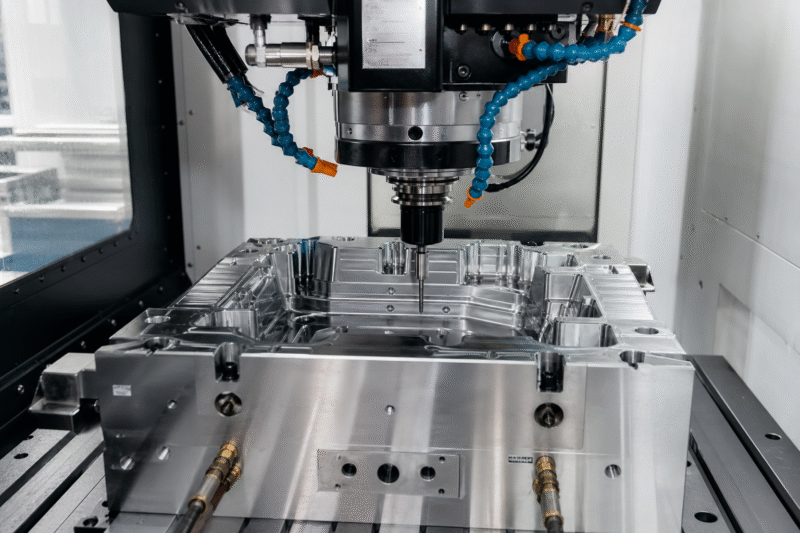 A 3D printed plastic mold insert placed inside a steel mold base