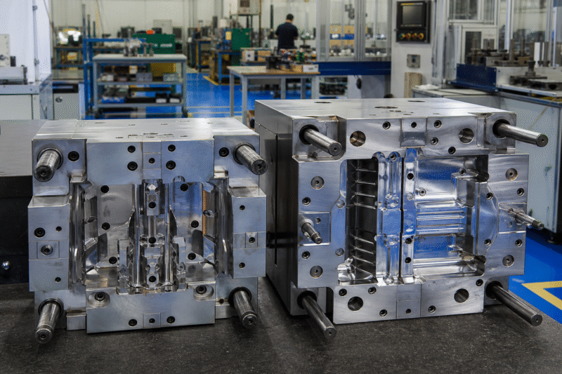 A worn-out and damaged injection mold component showing signs of wear and tear