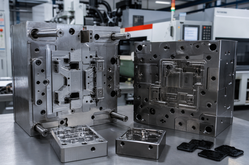 A close-up of an injection mold with complex side actions and lifters to release undercuts
