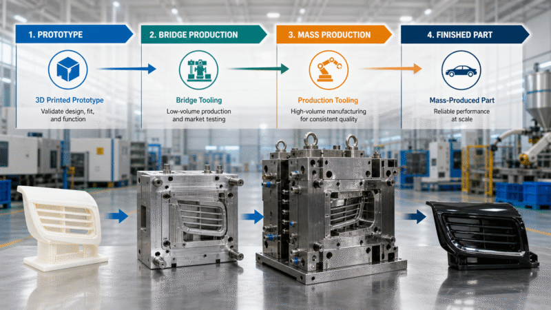 A factory flowchart showing a product's journey from a 3D printed prototype to a mass-produced automotive part