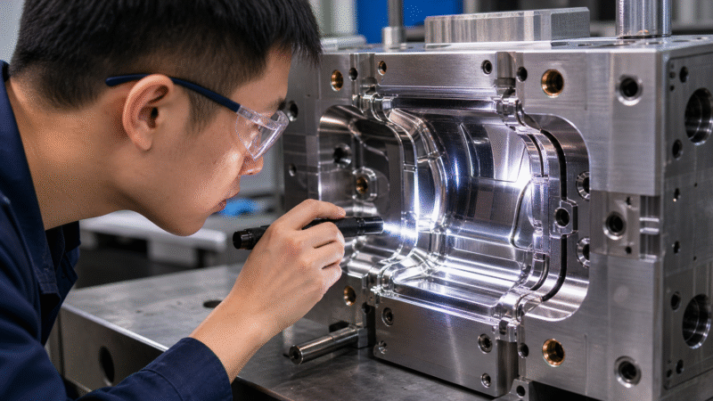 A close-up of a skilled technician inspecting the polished cavity surface of a hardened steel injection mold