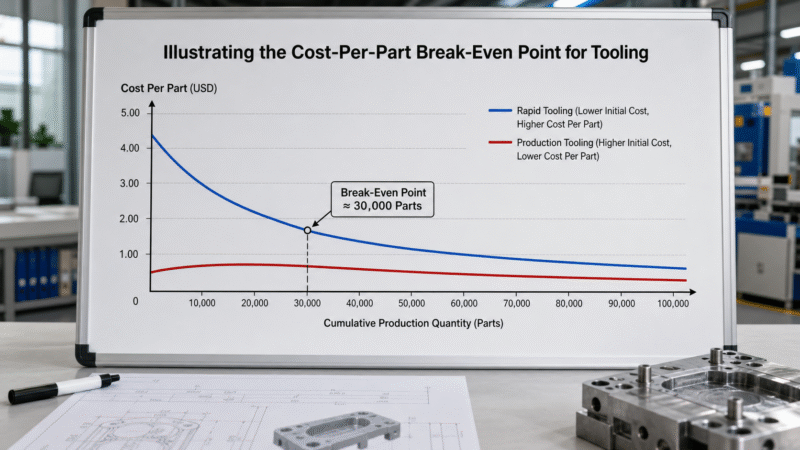 A simple line graph showing two cost curves, with the rapid tooling line starting low but crossing the production tooling line as quantity increases