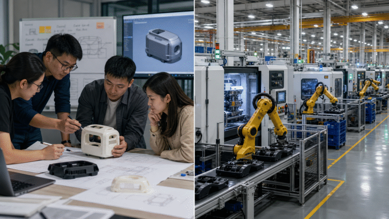 A split-panel image showing a small startup team huddled around a prototype and a large automated factory floor with robotic arms